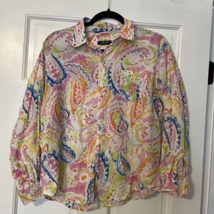 Lauren Ralph Button Down Shirt Women Medium Paisley Roll Tab Logo Beach Colorful